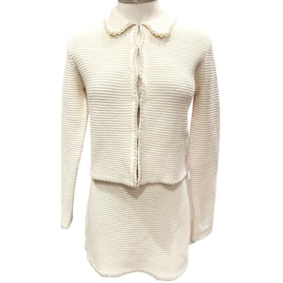 KNIT CARDIGAN AND SKIRT WITH FAUX PEARLS IVORY SIZE SMALL - Picture 4 of 11
